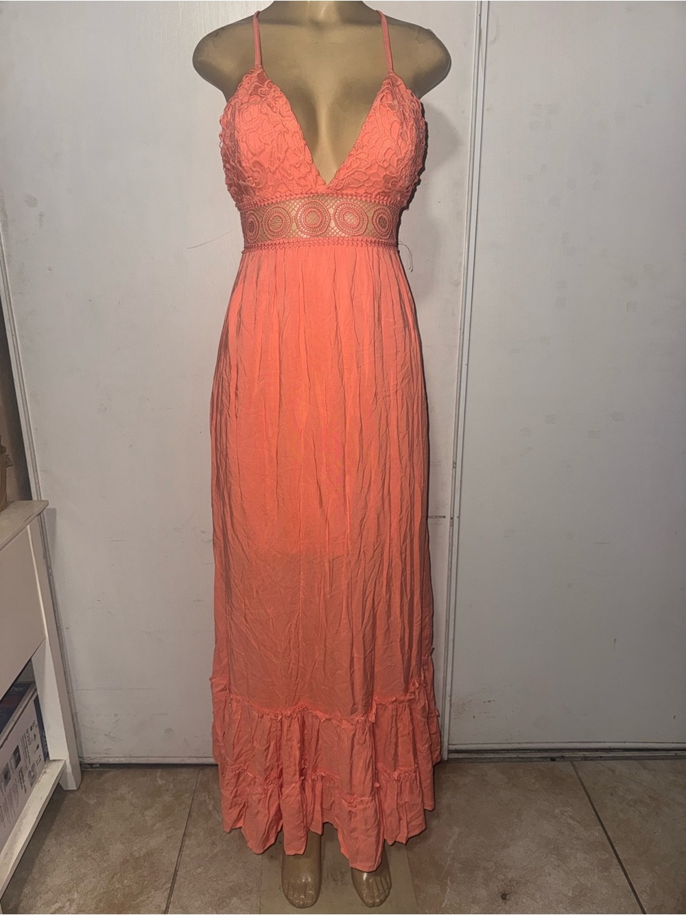Coral Lace-Detail Maxi Dress with Crochet Waistband